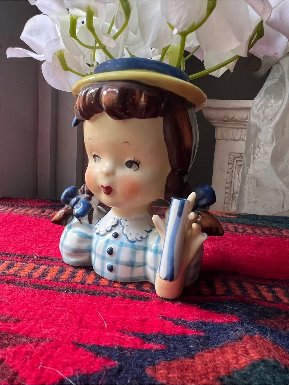 Vintage Ceramic Girl with Pigtails Head Vase in Blue, Checkered dress like new - Picture 8 of 14